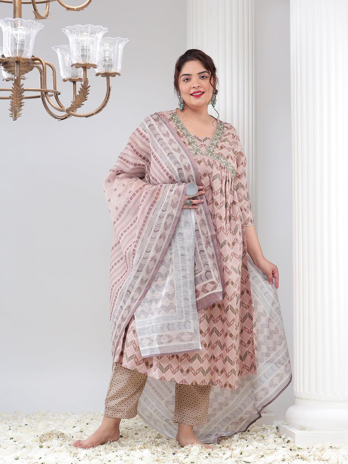 Plus Size Women Printed Kurta Dupatta Set