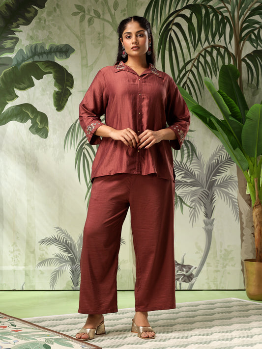 Swastika Plus Size Brown Muslin Embroidered Co-Ord Set