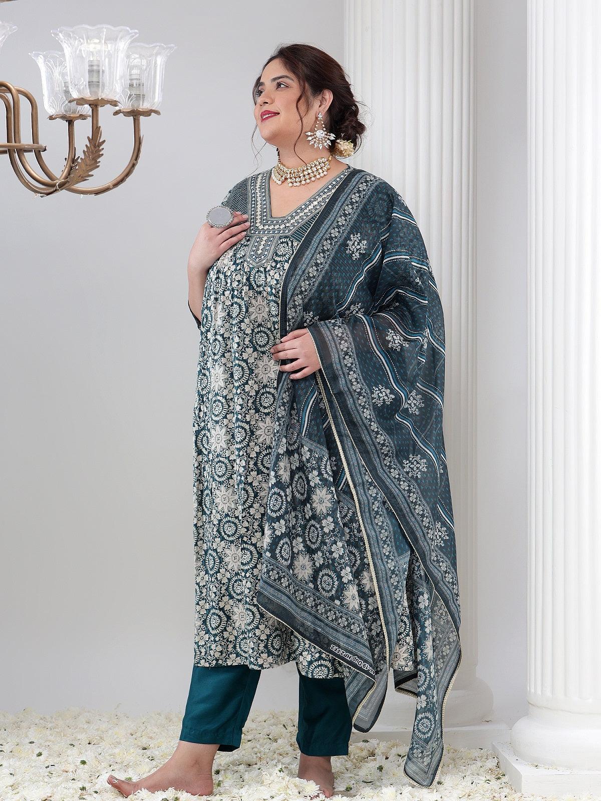 Viscose Rayon Plus Size Women Printed Kurta Dupatta Set