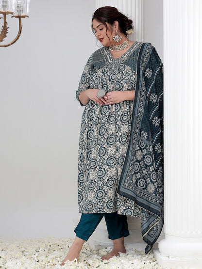 Viscos Rayon Plus Size Women Printed Kurta Dupatta Set