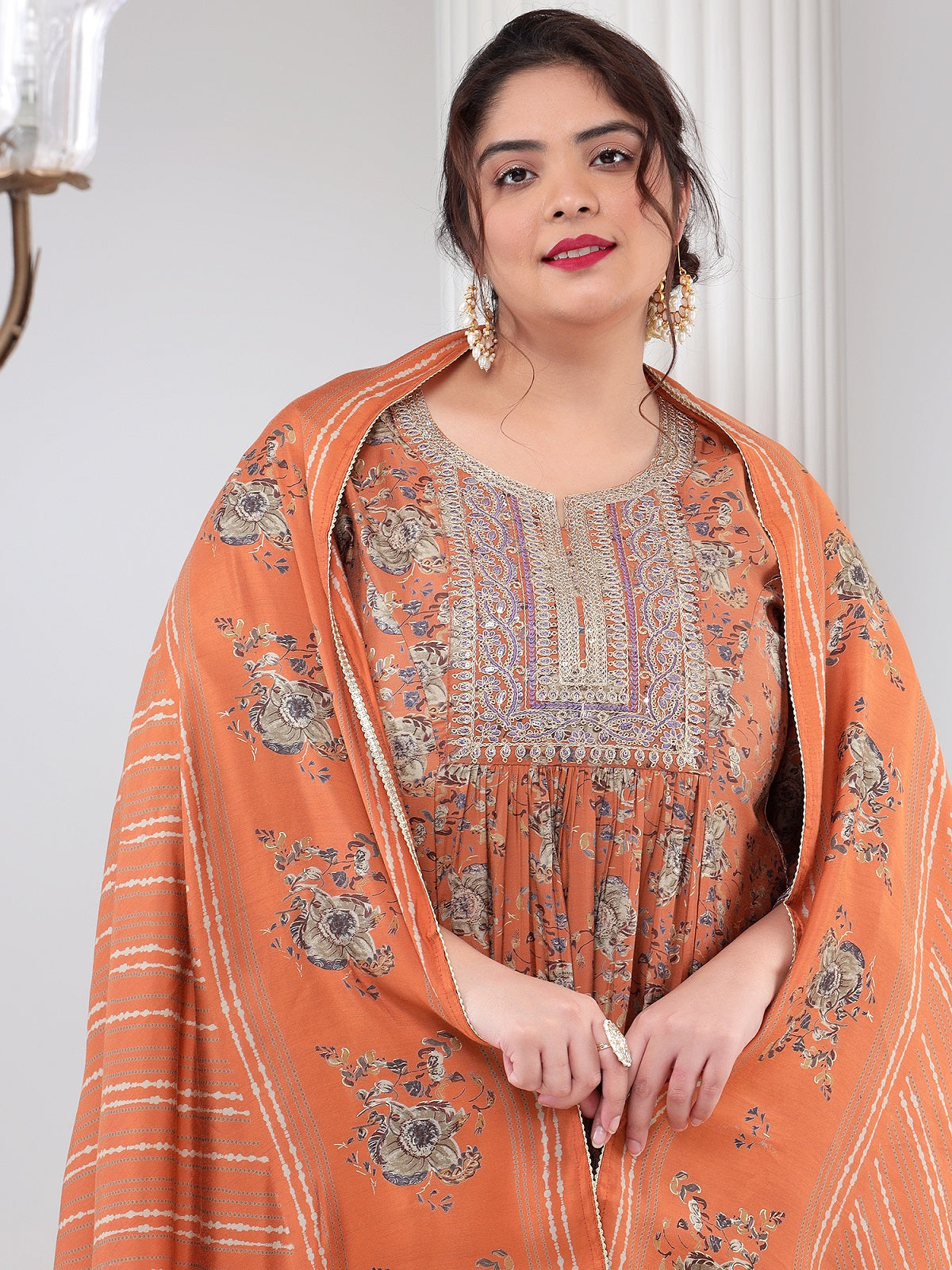 Chanderi Silk Plus Size Women Printed Kurta Dupatta Set