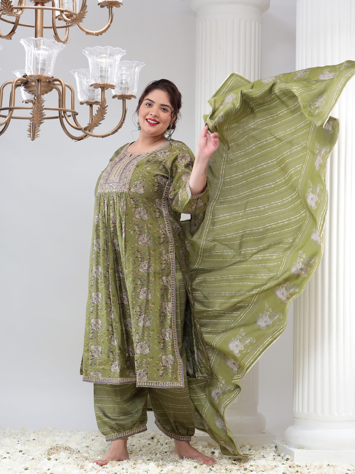 Chanderi Silk Plus Size Women Printed Kurta Dupatta Set