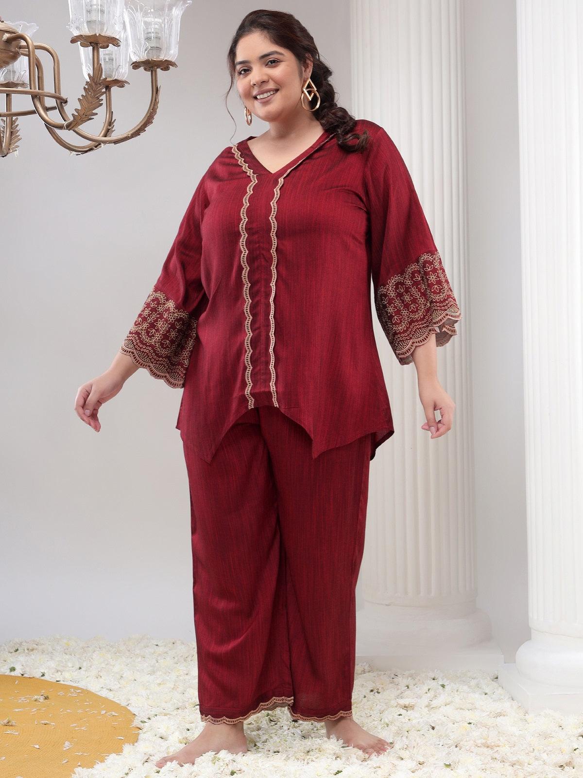 Plus Size Womens Maroon Co-Ord Set Tunic and Trouser Set