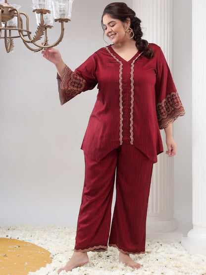 Plus Size Womens Maroon Co-Ord Set Tunic and Trouser Set