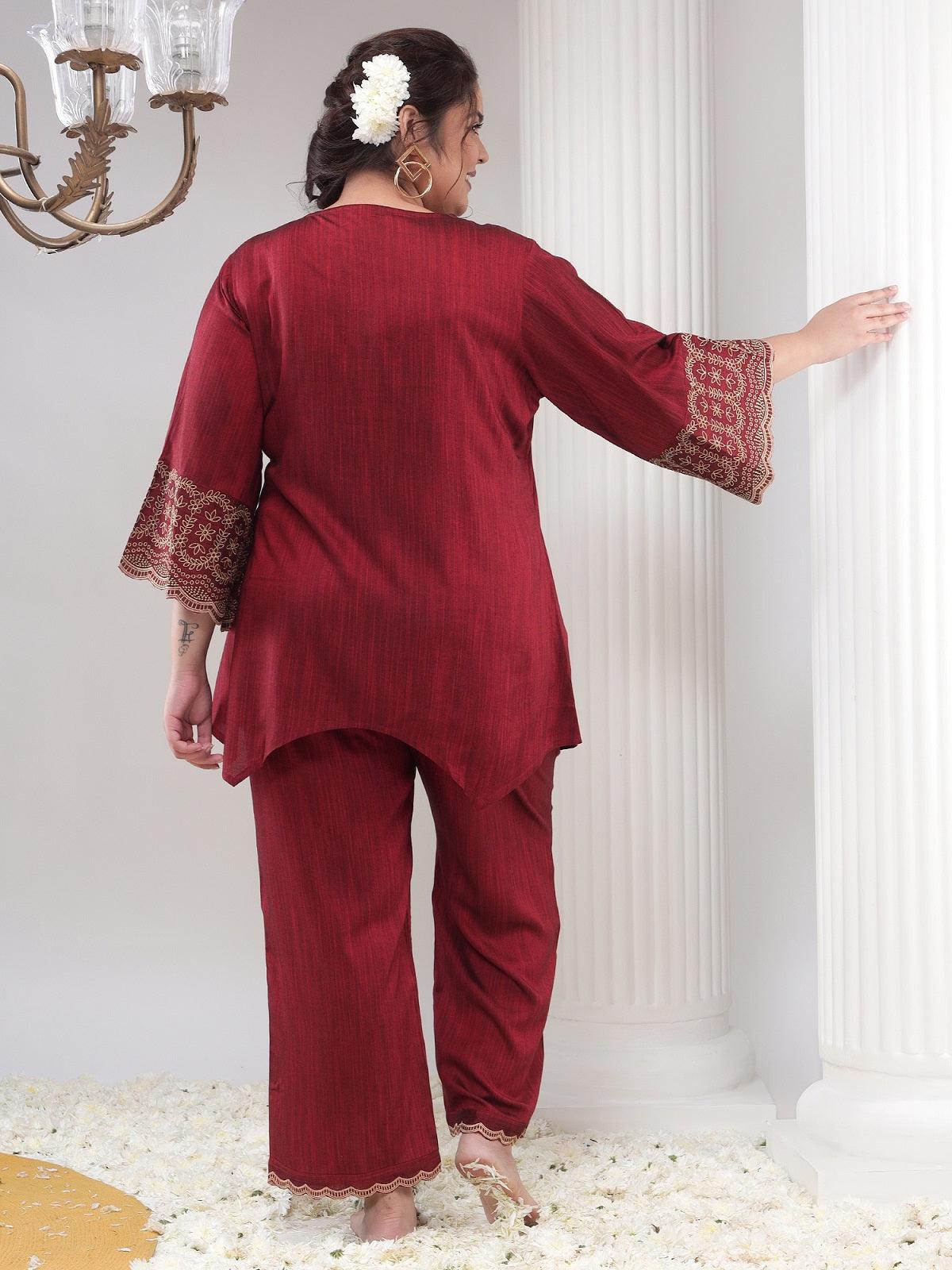 Plus Size Womens Maroon Co-Ord Set Tunic and Trouser Set