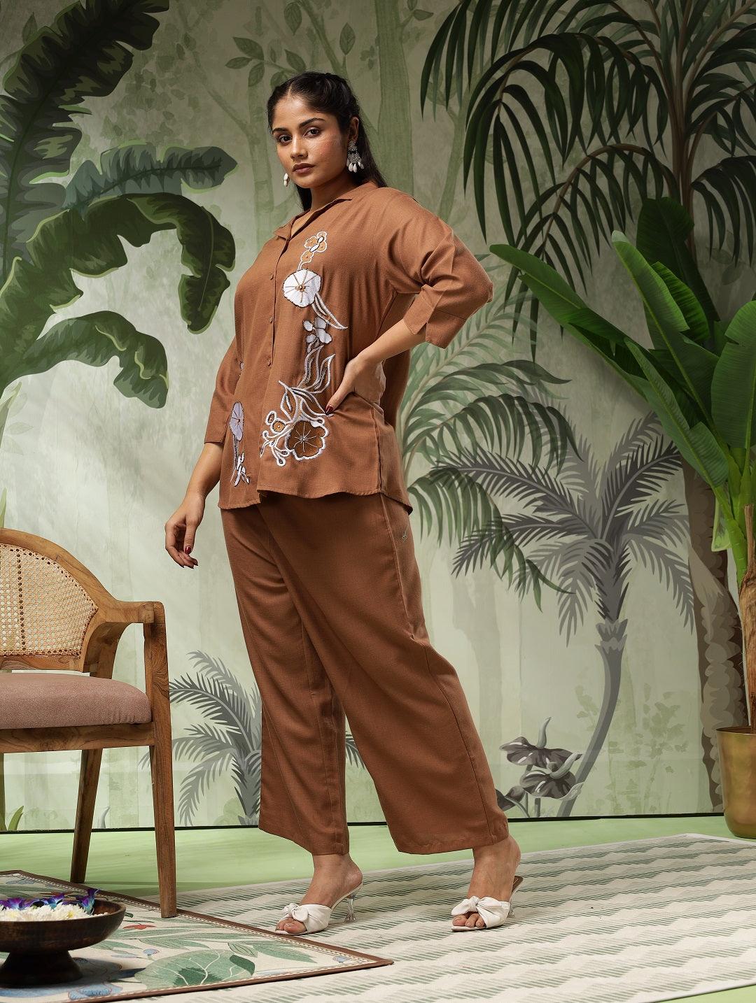 Stella Plus Size Cotton Brown Women Co-Ord Set