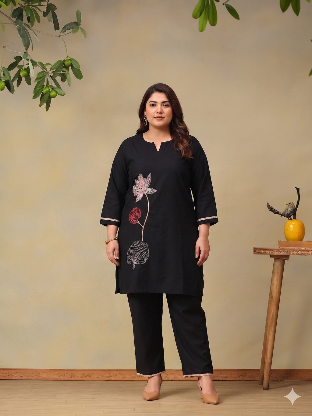 Plus Size Floral Embroidered Tunic with Trousers Co-Ord Set