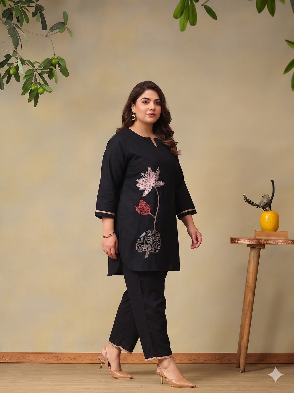 Plus Size Floral Embroidered Tunic with Trousers Co-Ord Set