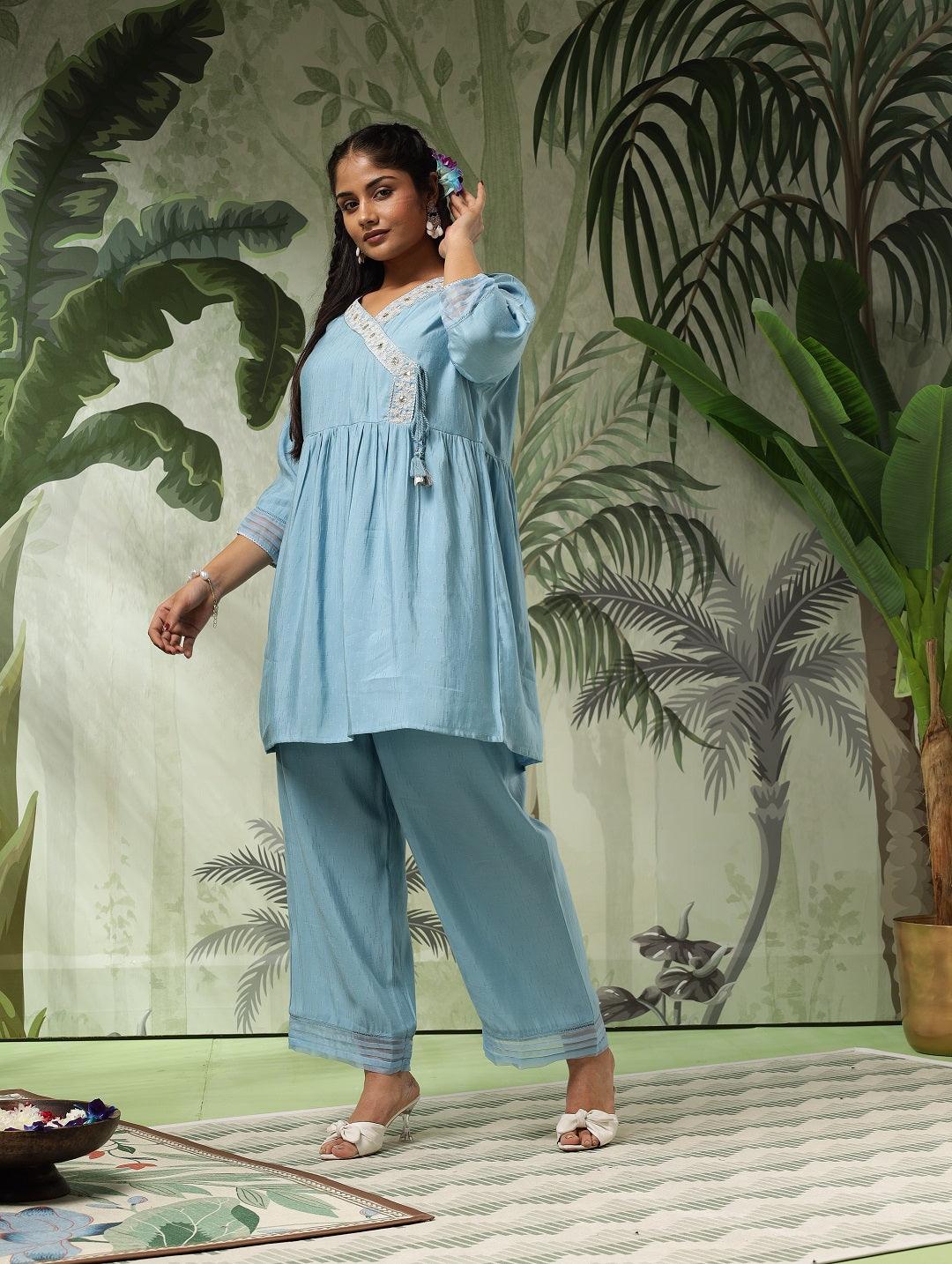 Tara Plus Size Blue Muslin Embroidered Angrakha Co-Ord Set