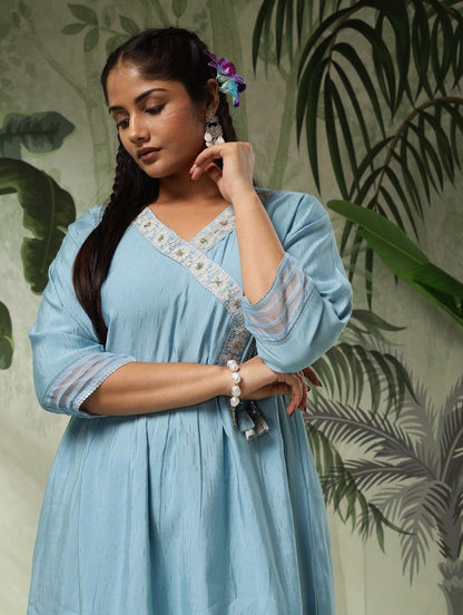 Tara Plus Size Blue Muslin Embroidered Angrakha Co-Ord Set