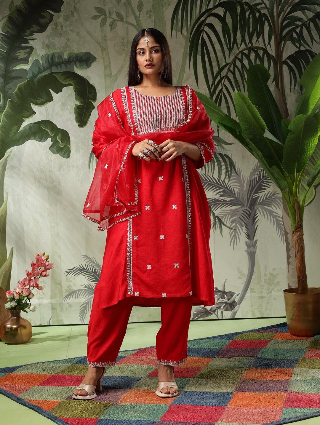 Trisha Plus Size Red Muslin Embroidered Kurta Set with Dupatta