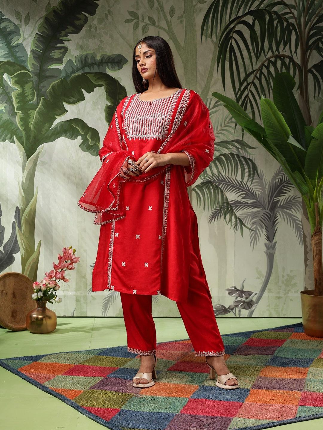 Trisha Plus Size Red Muslin Embroidered Kurta Set with Dupatta