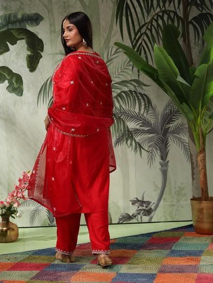 Trisha Plus Size Red Muslin Embroidered Kurta Set with Dupatta