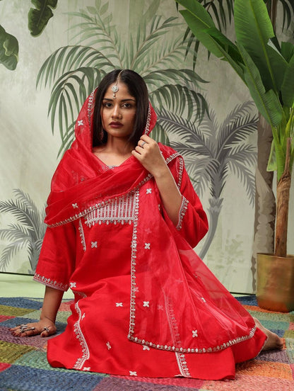 Trisha Plus Size Red Muslin Embroidered Kurta Set with Dupatta