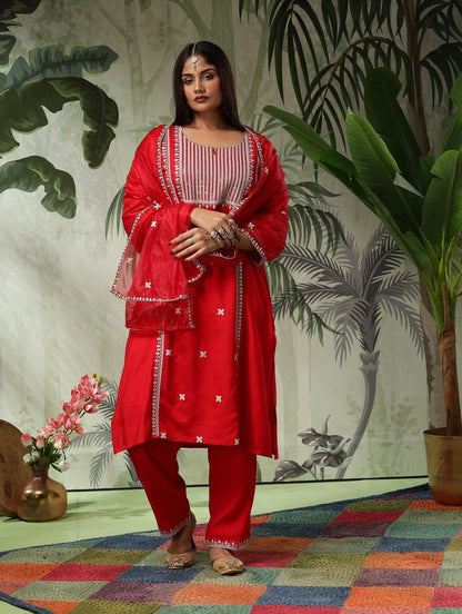 Trisha Plus Size Red Muslin Embroidered Kurta Set with Dupatta