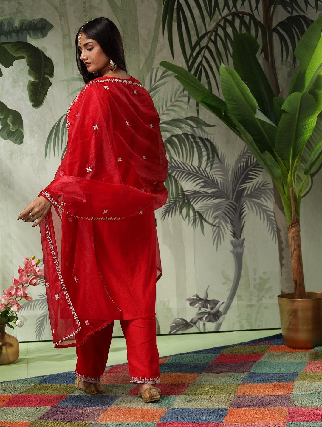 Trisha Plus Size Red Muslin Embroidered Kurta Set with Dupatta