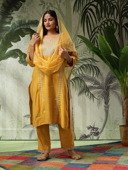 Trisha Plus Size Mustard Muslin Embroidered Kurta Set with Dupatta