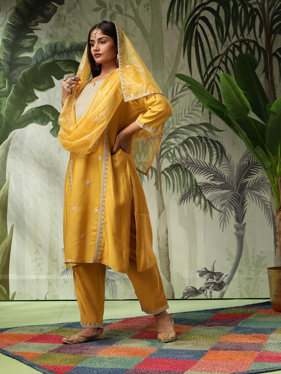 Trisha Plus Size Mustard Muslin Embroidered Kurta Set with Dupatta