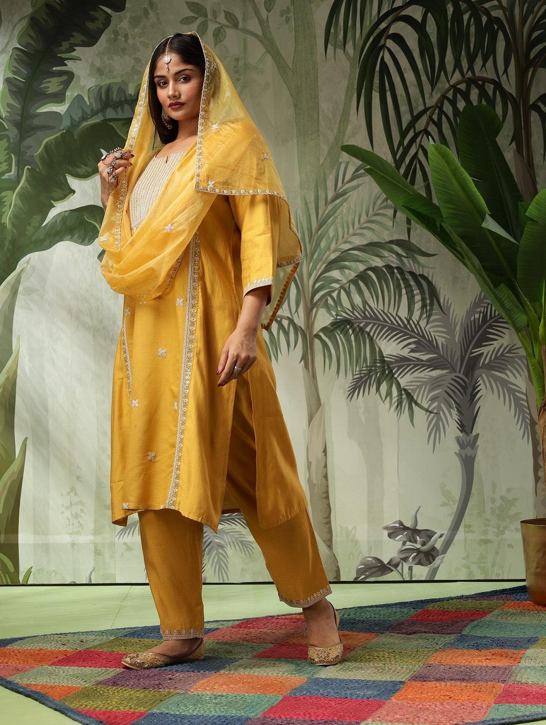 Trisha Plus Size Mustard Muslin Embroidered Kurta Set with Dupatta