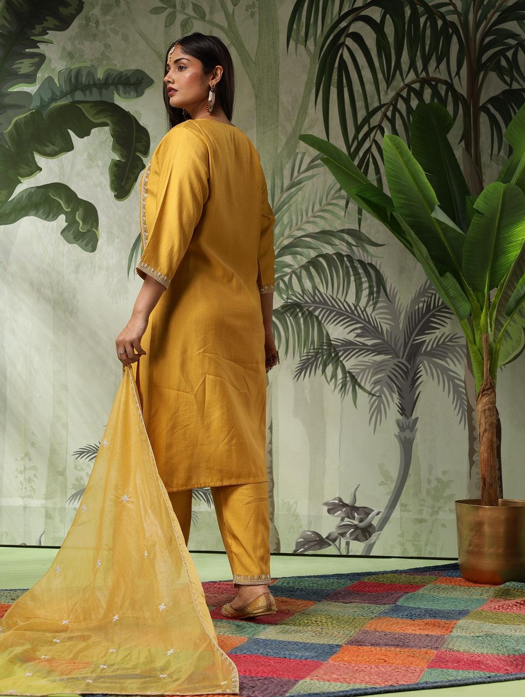 Trisha Plus Size Mustard Muslin Embroidered Kurta Set with Dupatta