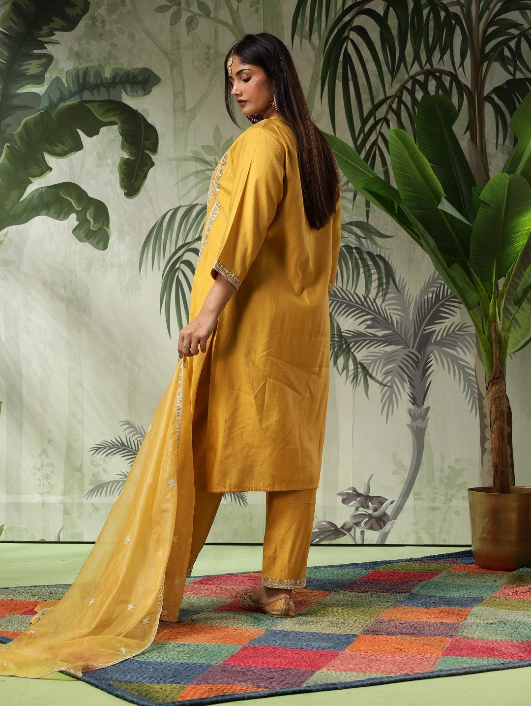 Trisha Plus Size Mustard Muslin Embroidered Kurta Set with Dupatta