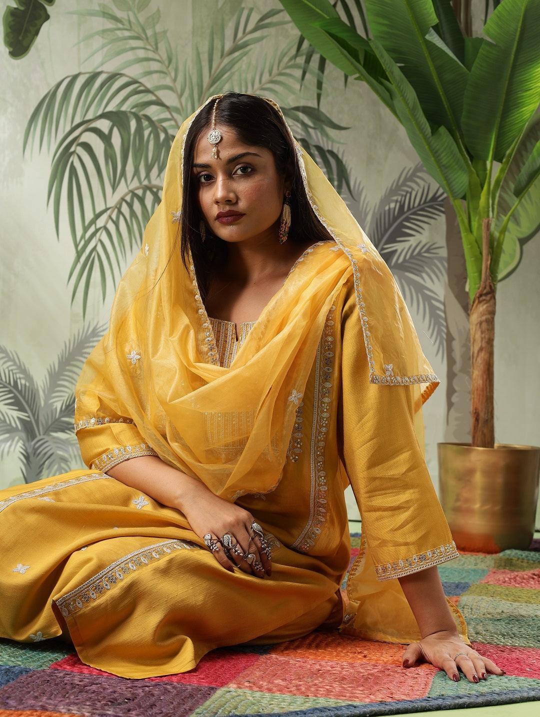 Trisha Plus Size Mustard Muslin Embroidered Kurta Set with Dupatta