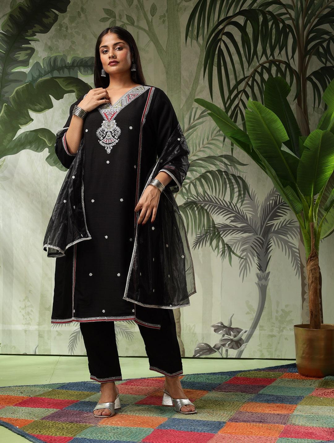 Kesar Plus Size Muslin Black Embroidered Kurta Set With Dupatta