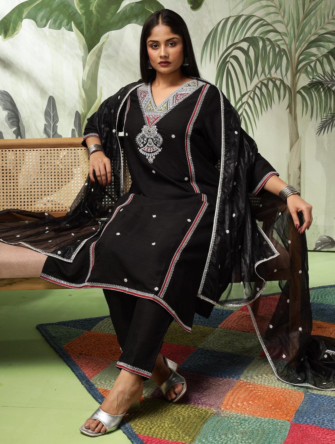 Kesar Plus Size Muslin Black Embroidered Kurta Set With Dupatta