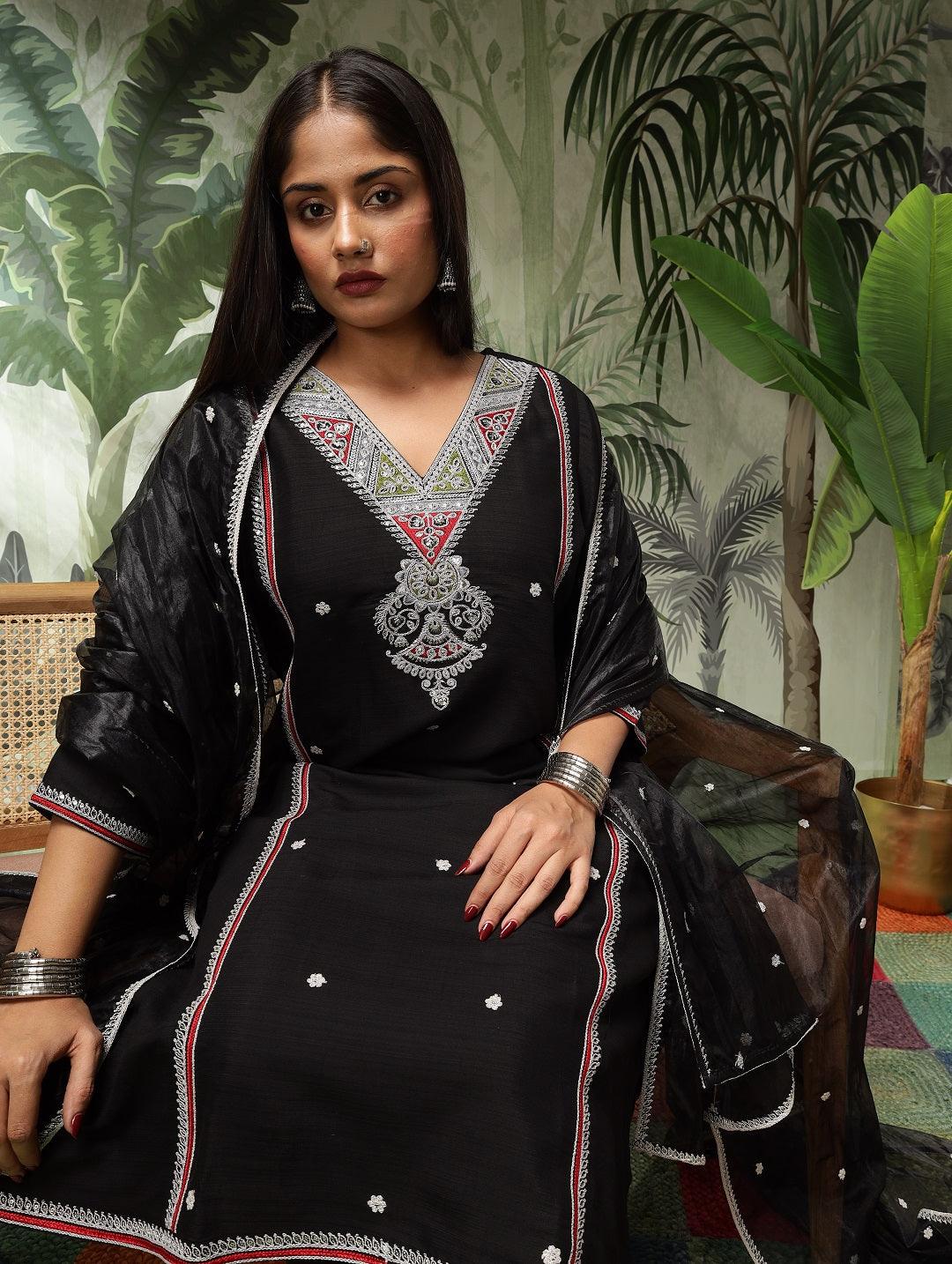 Kesar Plus Size Muslin Black Embroidered Kurta Set With Dupatta