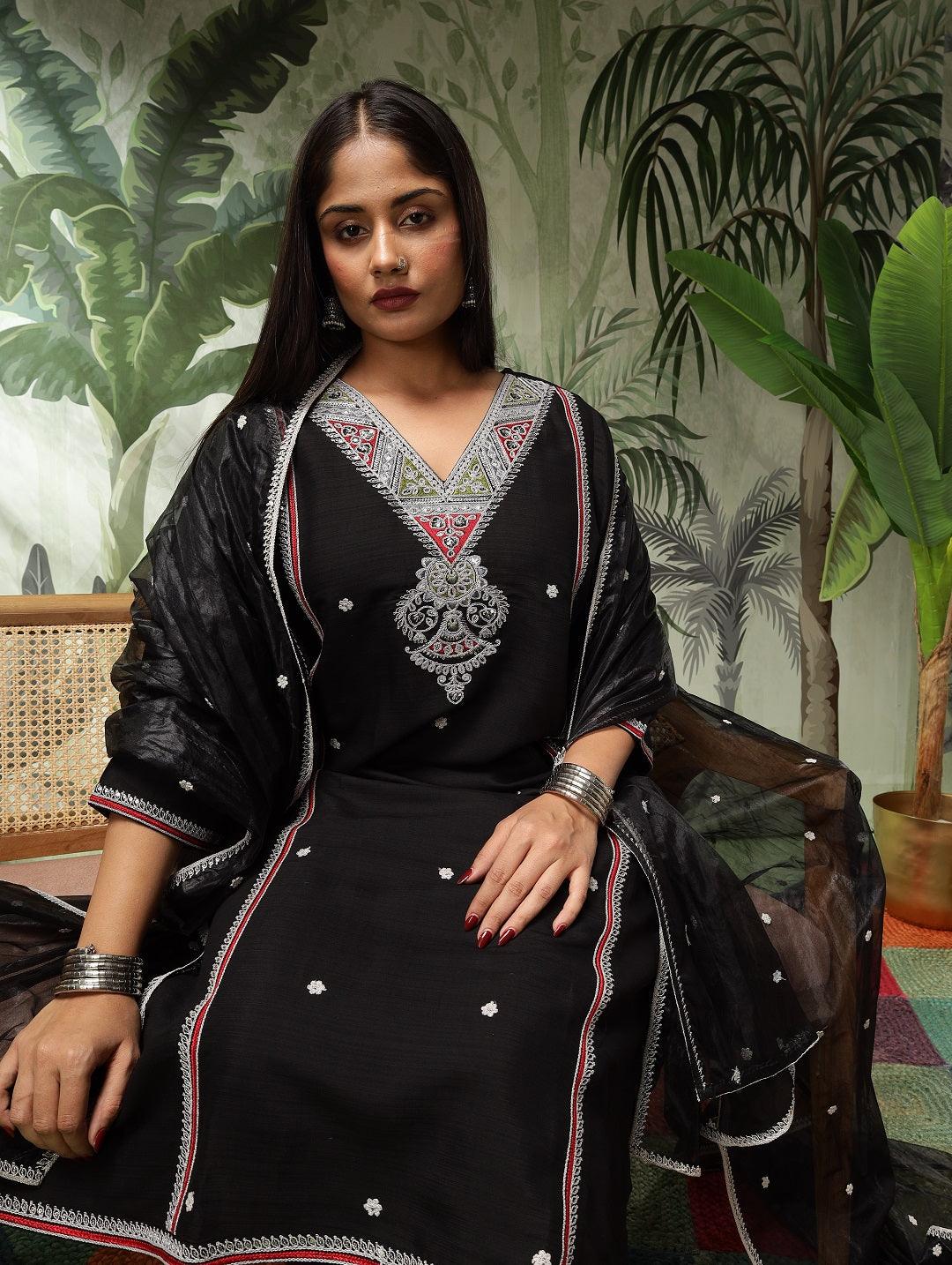 Kesar Plus Size Muslin Black Embroidered Kurta Set With Dupatta