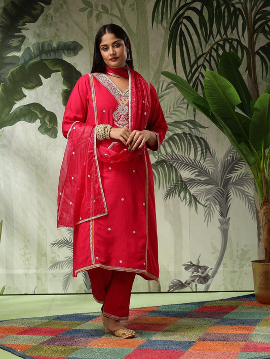 Kesar Plus Size Muslin Red Embroidered Straight Kurta Set With Dupatta