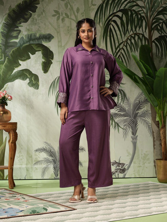 Swarna Plus Size Purple Muslin Embellished Co-Ord Set