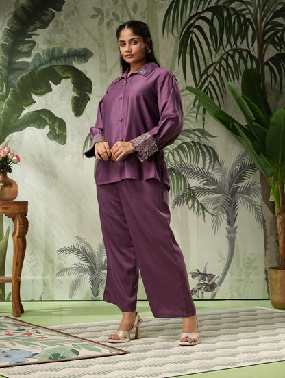 Swarna Plus Size Purple Muslin Embellished Co-Ord Set