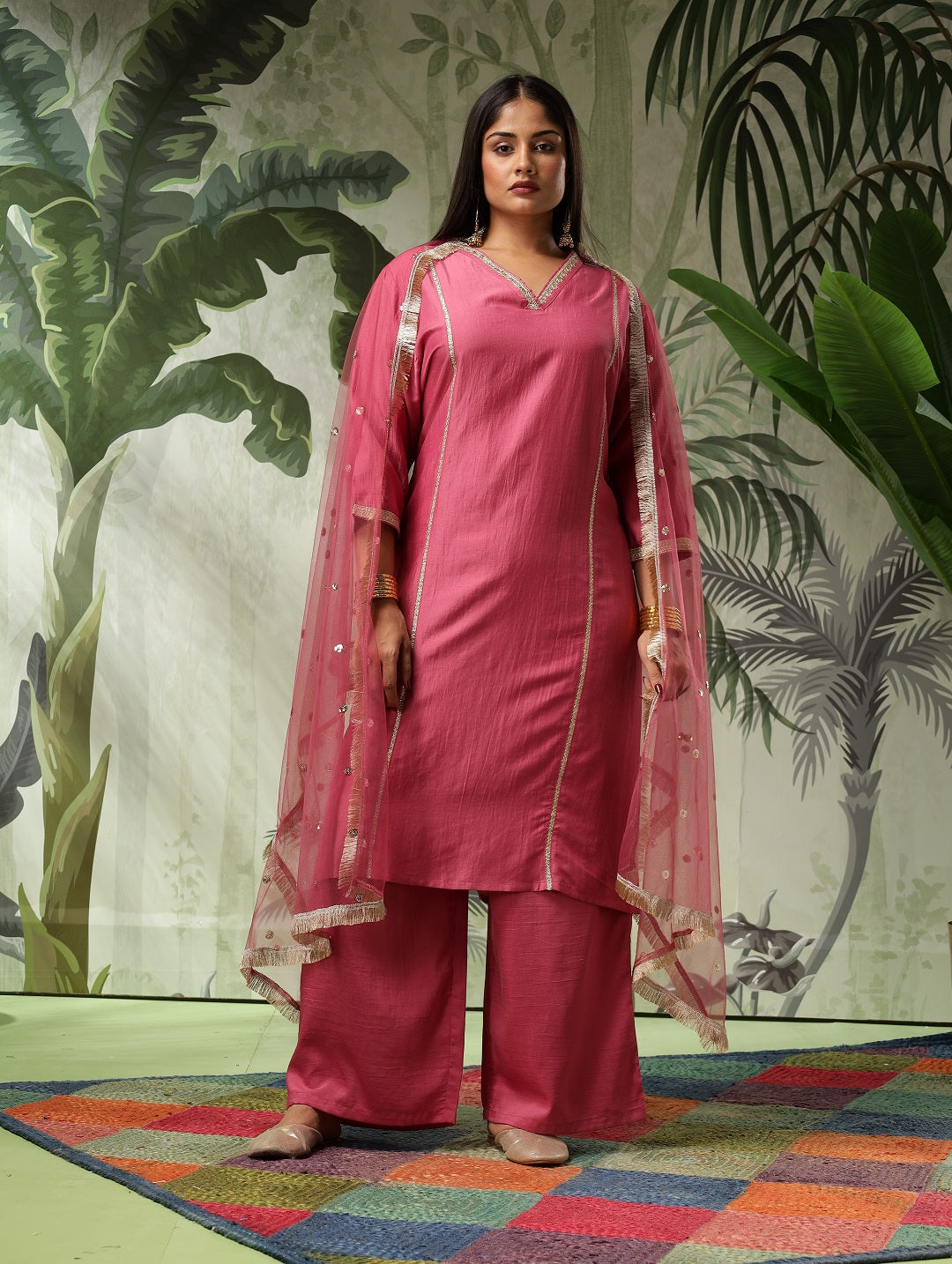 Chandni Plus Size Pink Muslin Embroidered Kurta Set