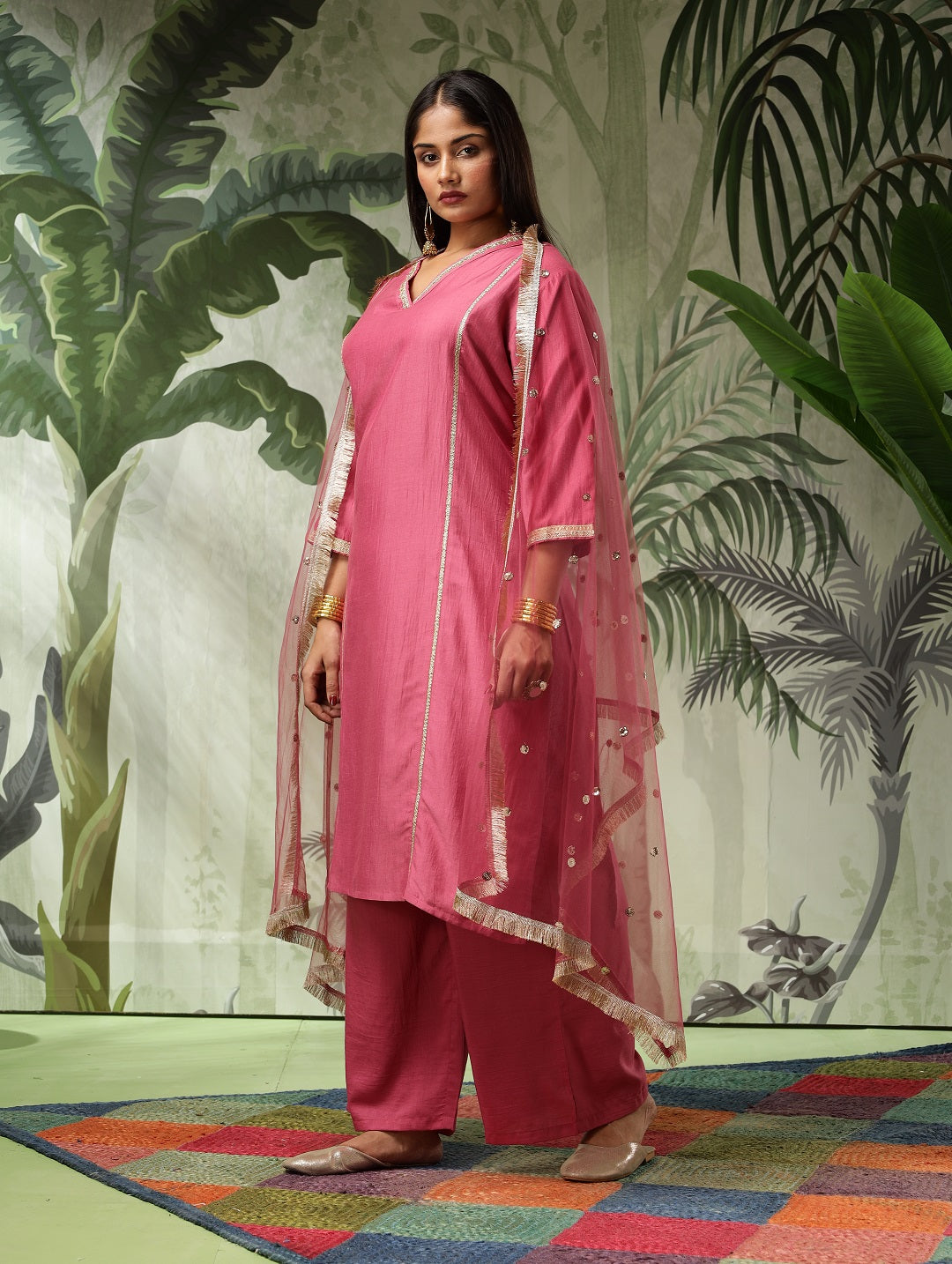 Chandni Plus Size Pink Muslin Embroidered Kurta Set