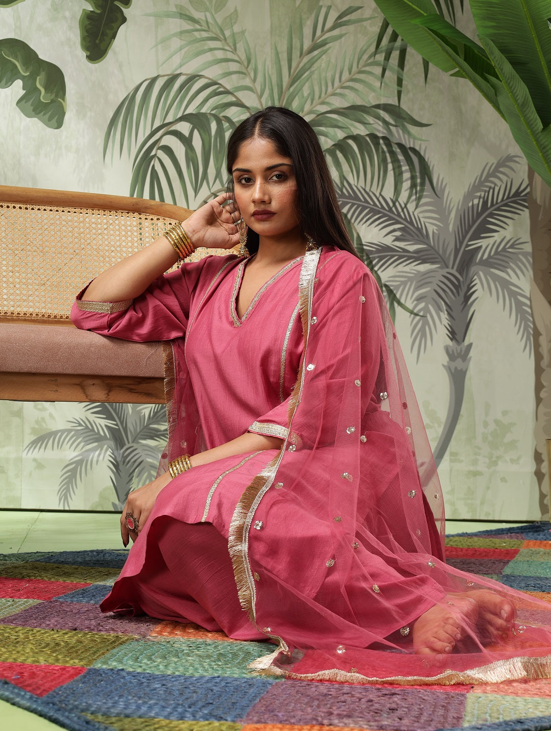 Chandni Plus Size Pink Muslin Embroidered Kurta Set