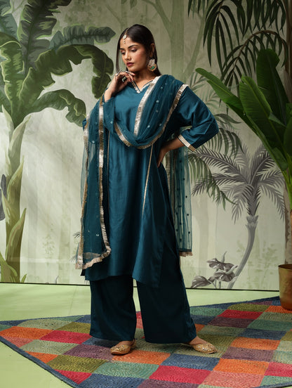 Chandni Plus Size Teal Green Muslin Embroidered Kurta Set