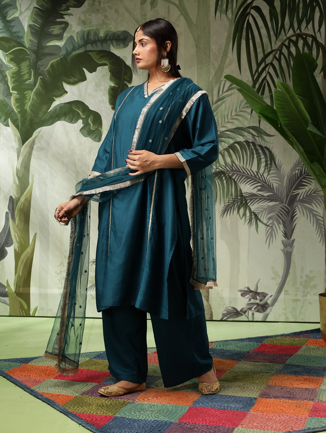 Chandni Plus Size Teal Green Muslin Embroidered Kurta Set