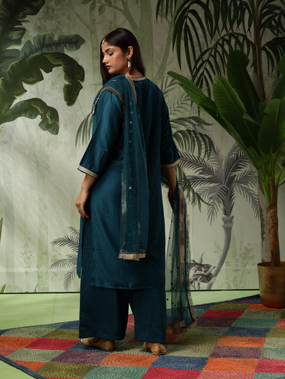 Chandni Plus Size Teal Green Muslin Embroidered Kurta Set