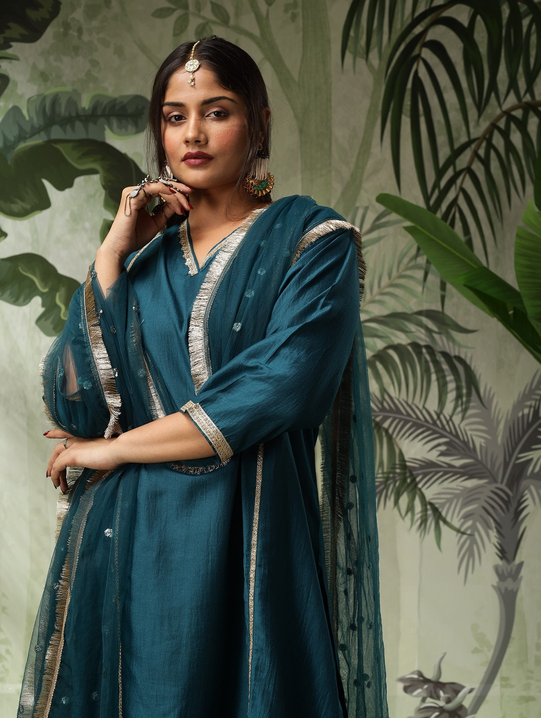 Chandni Plus Size Teal Green Muslin Embroidered Kurta Set