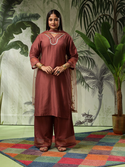 Arya Plus Size Brown Muslin Yoke Kurta Set