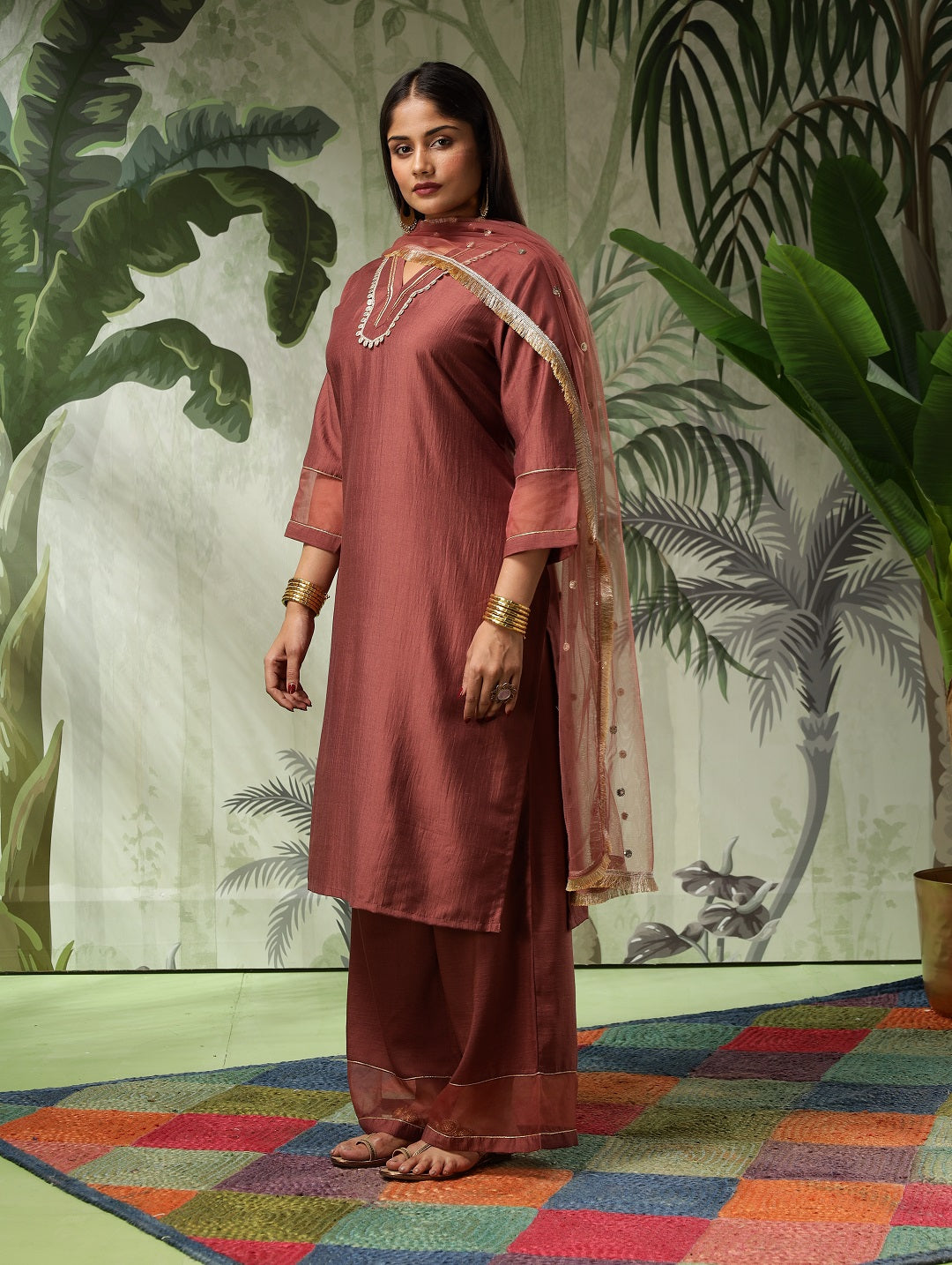 Arya Plus Size Brown Muslin Yoke Kurta Set