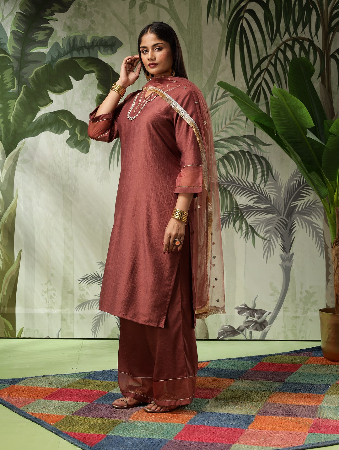 Arya Plus Size Brown Muslin Yoke Kurta Set