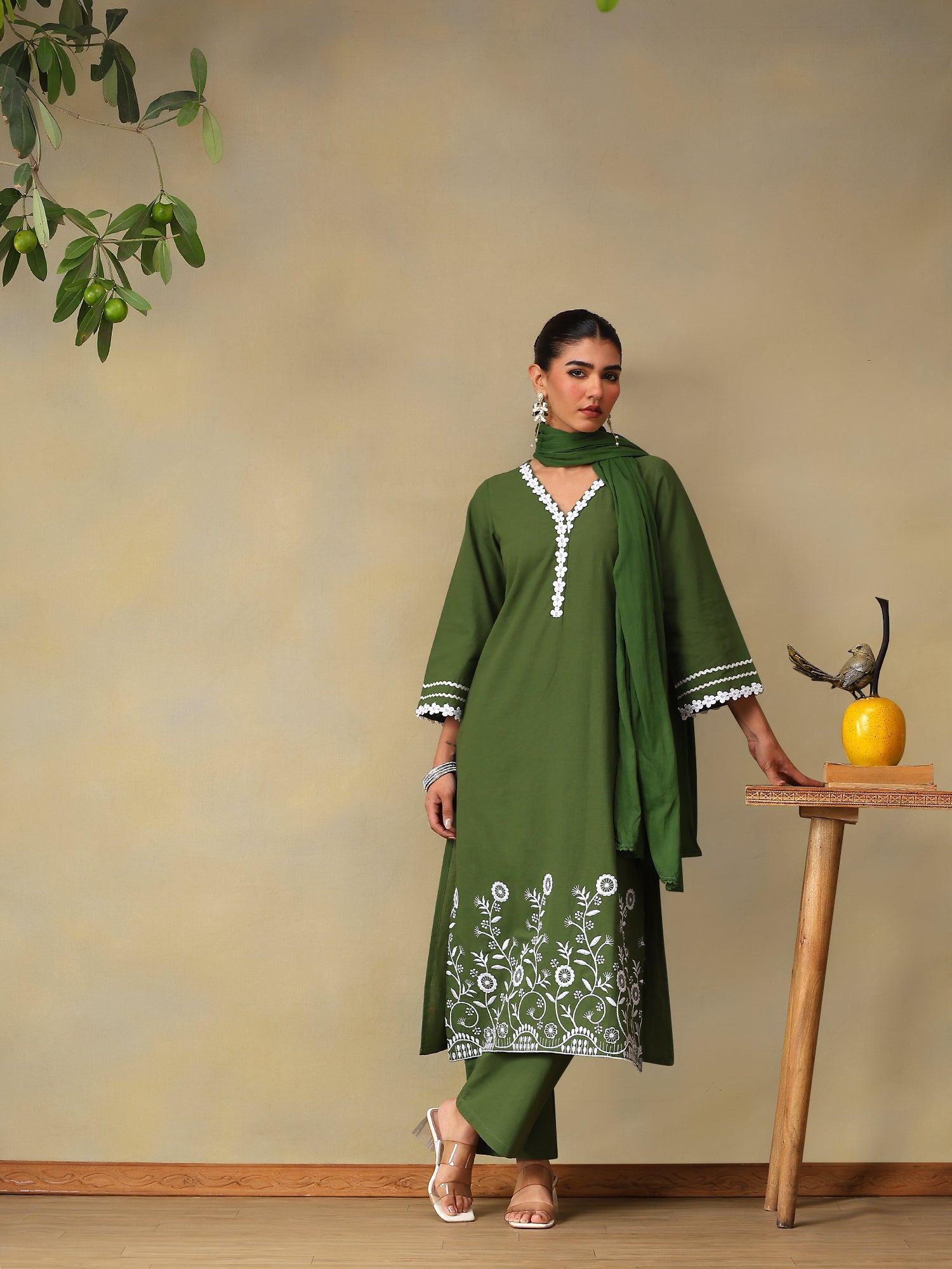 Women Floral Embroidered Regular Pure Cotton Kurta with Palazzos & With Dupatta