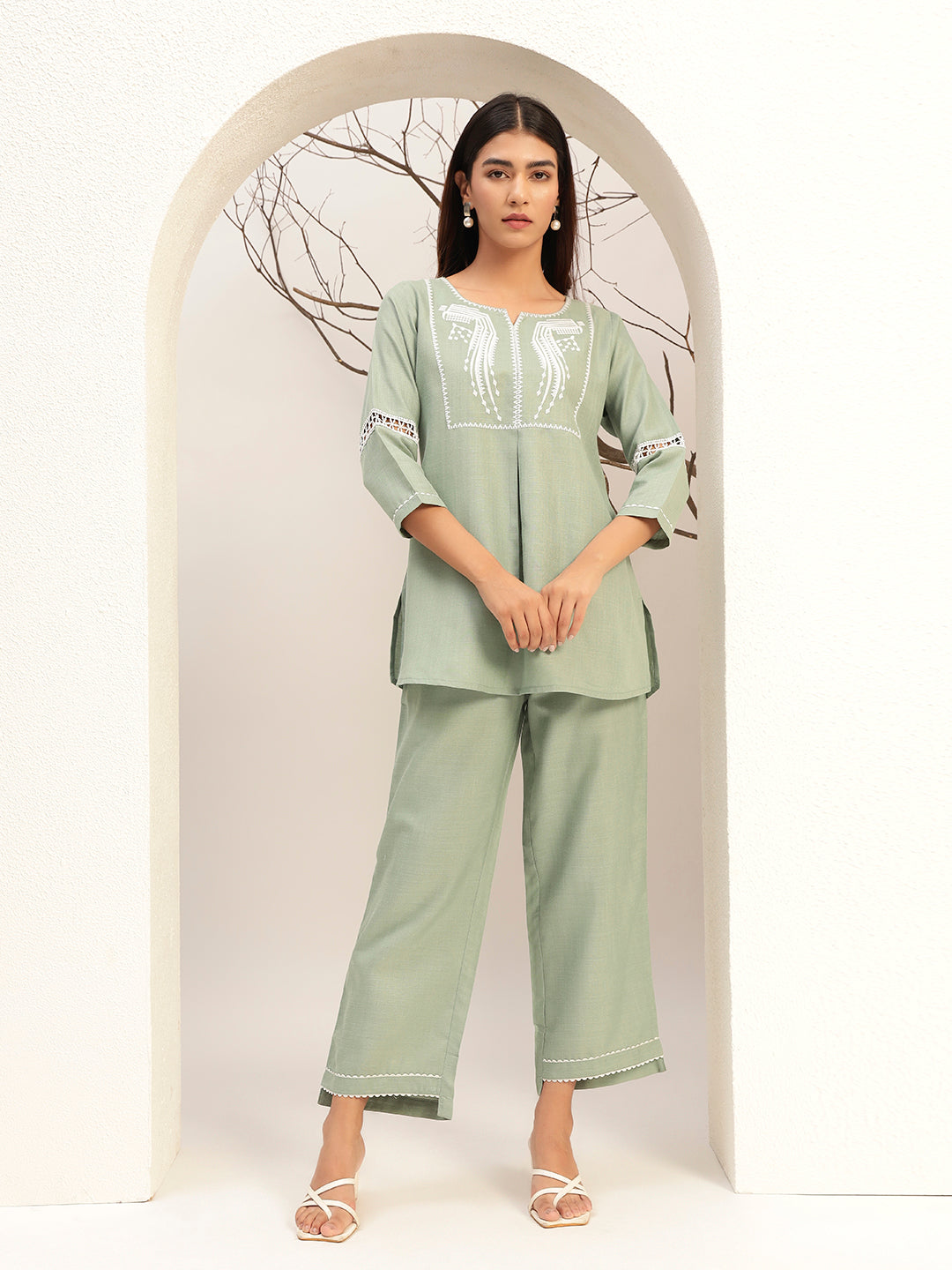 Green Color with Embroidery Round Neck Caual Tunic with Trouser Co-Ords Set