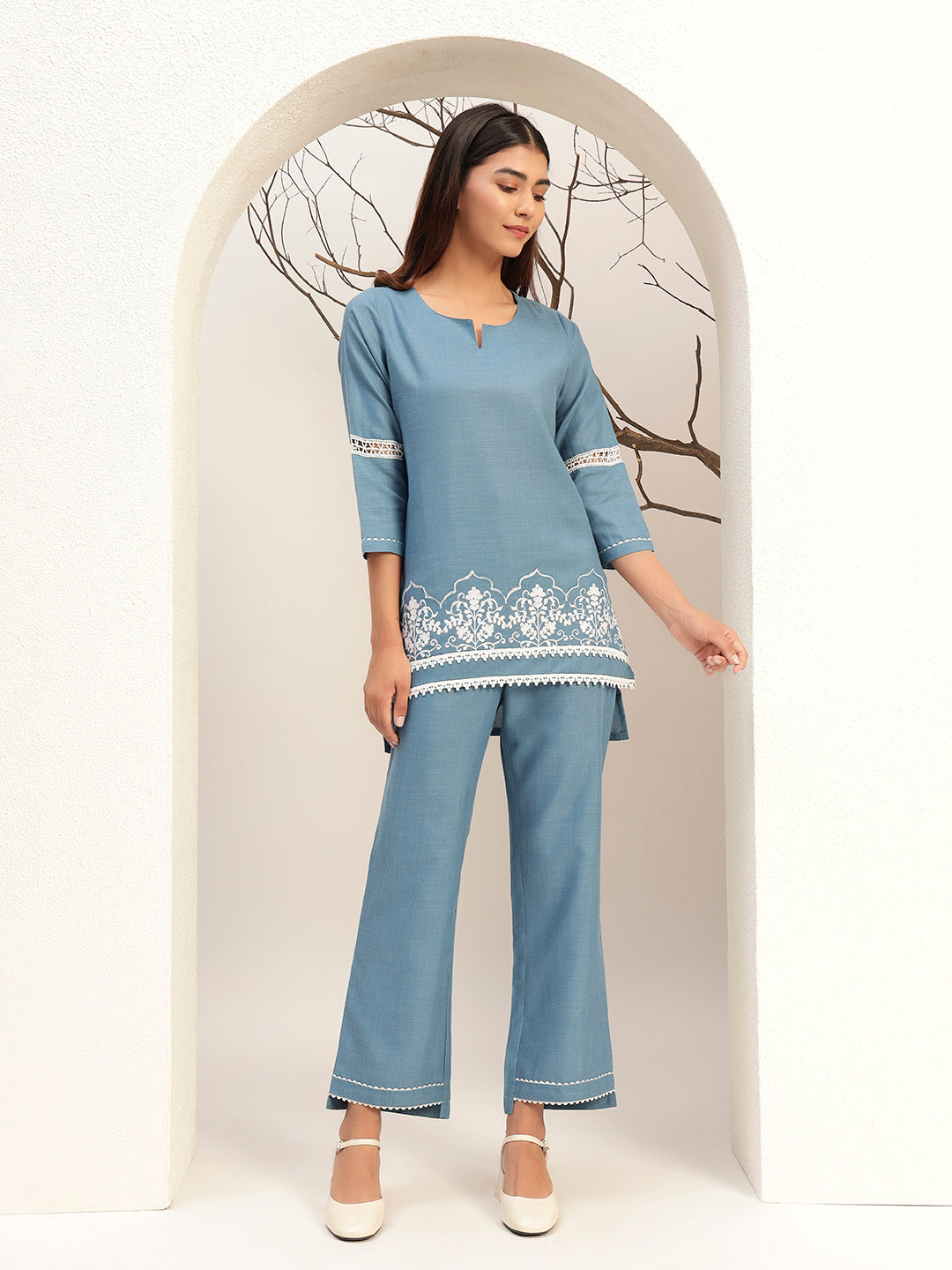 Blue Color with Embroidery Round Neck Caual Tunic with Trouser Co-Ords Set