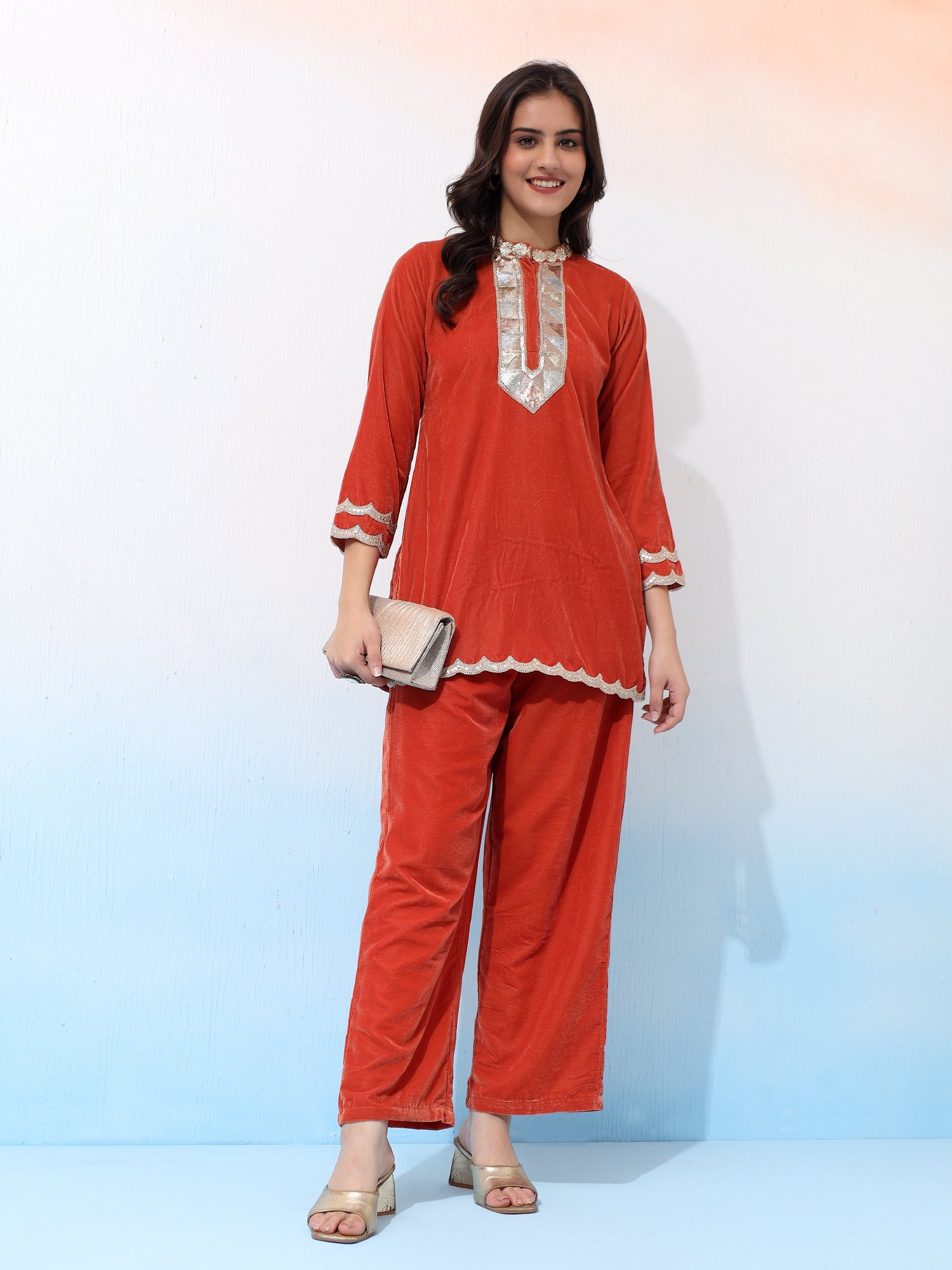 Vibrant Velvet Rust Two-Piece Outfit with Golden Embellishments Co-Ord Set