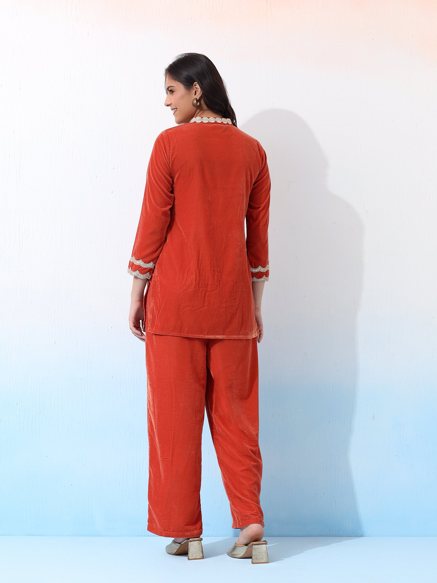 Vibrant Velvet Rust Two-Piece Outfit with Golden Embellishments Co-Ord Set