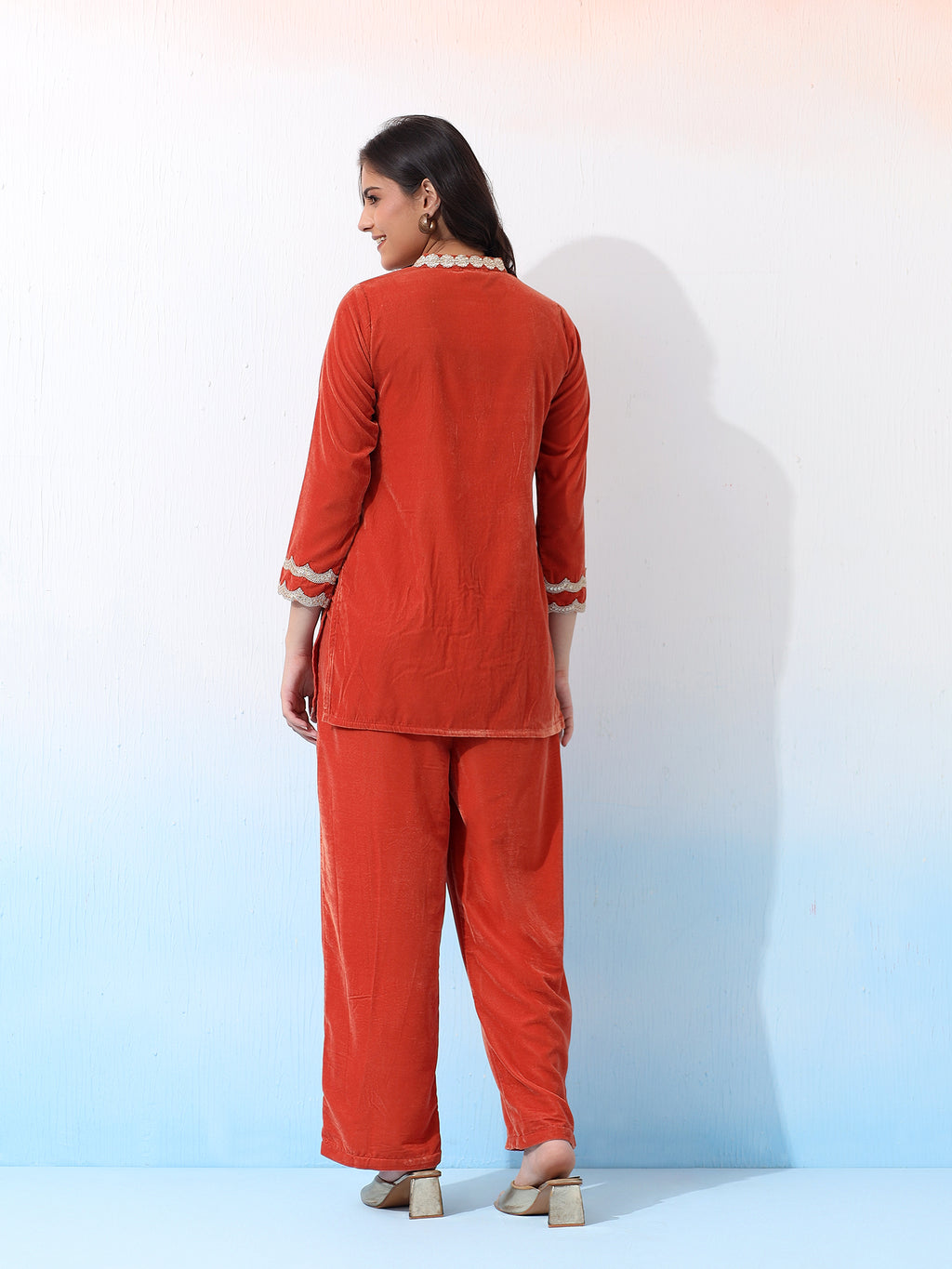 Vibrant Velvet Rust Two-Piece Outfit with Golden Embellishments Co-Ord Set