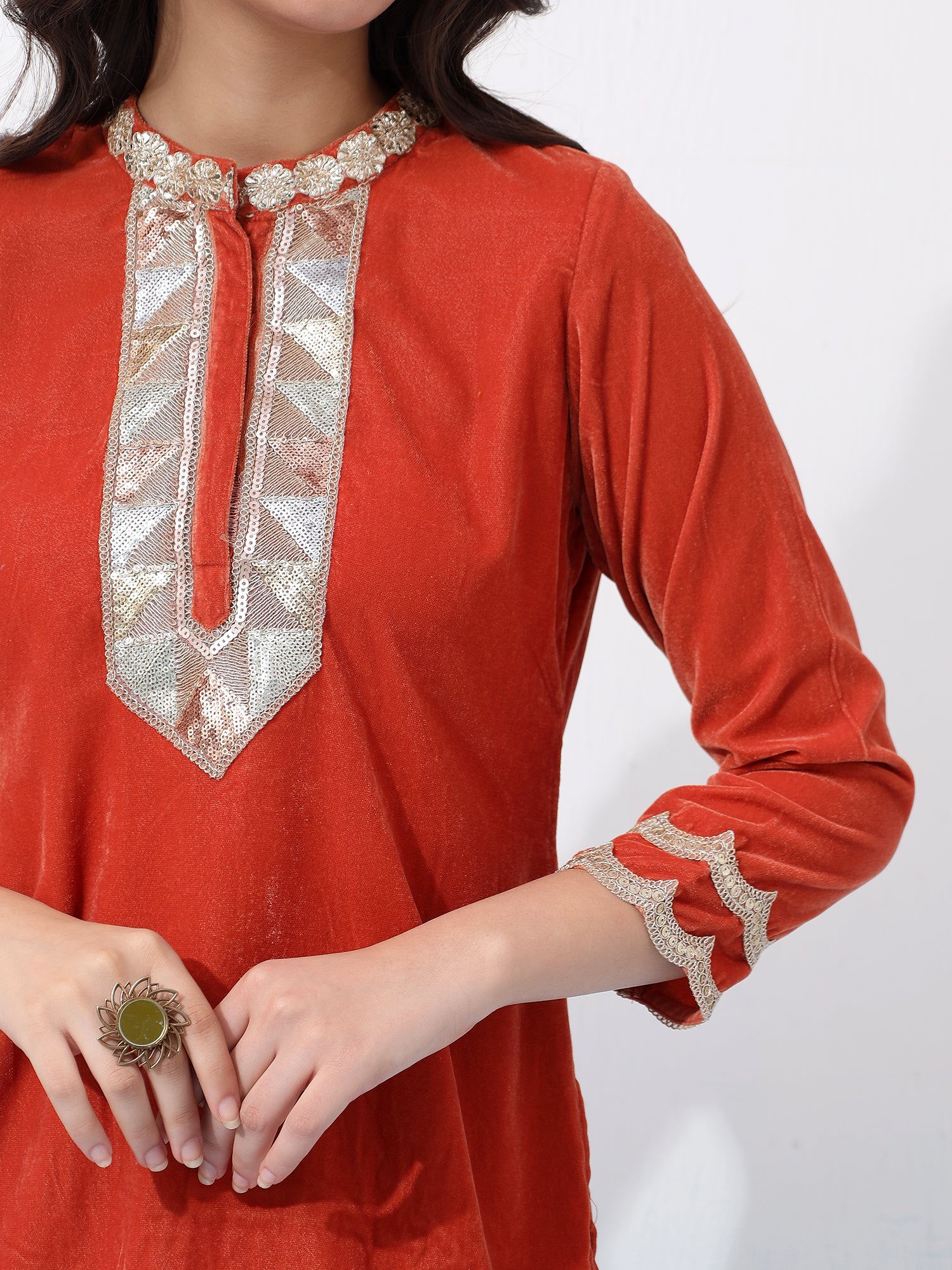 Vibrant Velvet Rust Two-Piece Outfit with Golden Embellishments Co-Ord Set